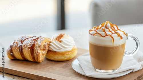 Cozy café scene with a caramel macchiato and caramel drizzle, rustic table, and artisanal pastries.