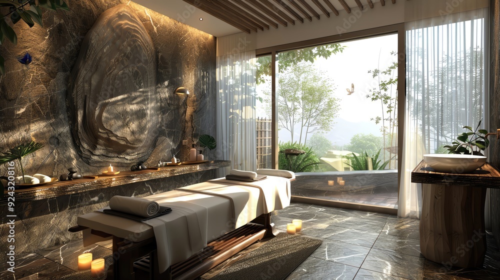 A luxurious massage room with a panoramic window view, client receiving a hot stone massage, tranquil and elegant A luxurious massage room with a panoramic window view, client receiving a hot stone massage, tranquil and elegant