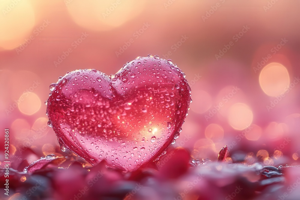 macro shot of crystalline heartshaped water droplets soft focus bokeh background in pink and red hues delicate light reflections romantic ethereal mood macro shot of crystalline heartshaped water droplets soft focus bokeh background in pink and red hues delicate light reflections romantic ethereal mood