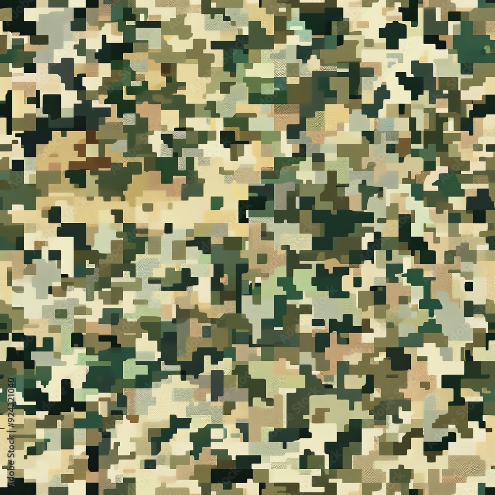 3D high definition seamless pattern of digital camouflage, pixelated design with depth, shades of green, brown, and beige 3D high definition seamless pattern of digital camouflage, pixelated design with depth, shades of green, brown, and beige