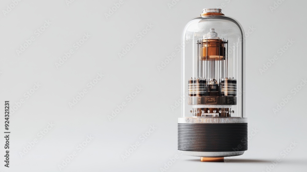 Detailed Vacuum Tube on White Background for Branding with Glass and Metal Elements Close-Up Detailed Vacuum Tube on White Background for Branding with Glass and Metal Elements Close-Up
