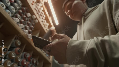 Medium close-up low-angle shot of hands of young male graffitist buying multicoloured spray paints in art supplies store, while looking at new mural sketch on smartphone photo