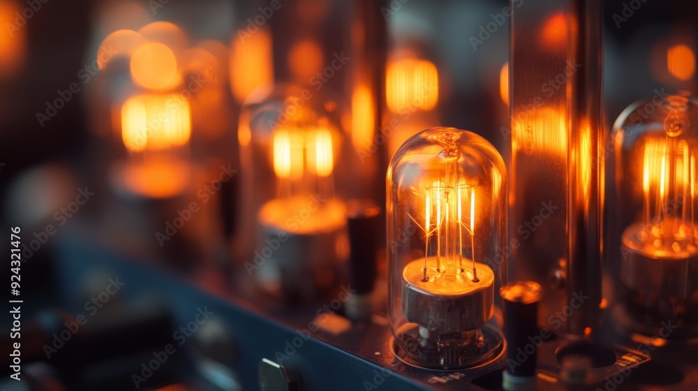 Illuminated Beauty of Vacuum Tubes - Close-Up Shot of Glowing Filaments on Tube Amplifier with Warm Light Emission and Blurred Background Illuminated Beauty of Vacuum Tubes - Close-Up Shot of Glowing Filaments on Tube Amplifier with Warm Light Emission and Blurred Background