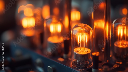 Illuminated Beauty of Vacuum Tubes - Close-Up Shot of Glowing Filaments on Tube Amplifier with Warm Light Emission and Blurred Background