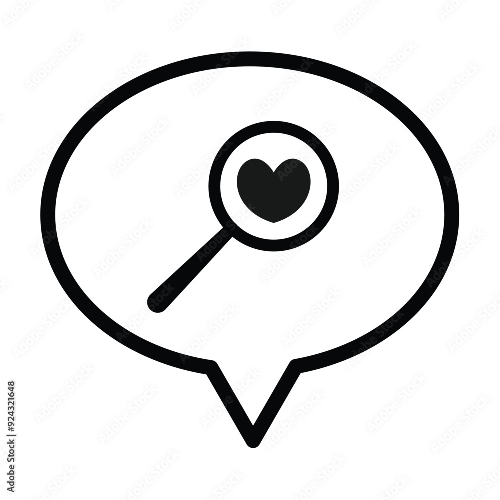 Speech bubble, magnifying glass and heart shape Speech bubble, magnifying glass and heart shape