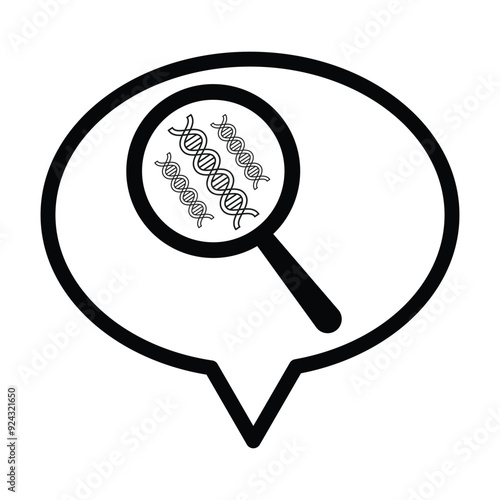 Speech bubble, magnifying glass and DNA icon in grey scale isolated on white background.