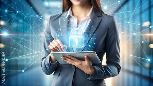 Businesswoman holding tablet device, touching screen. Office workplace. Concept of infromation security, Lock front hologram, distant work, business education, information ... See More