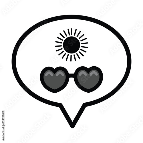 Speech bubbles, sun glasses and sun icon in grey scale isolated on white background.