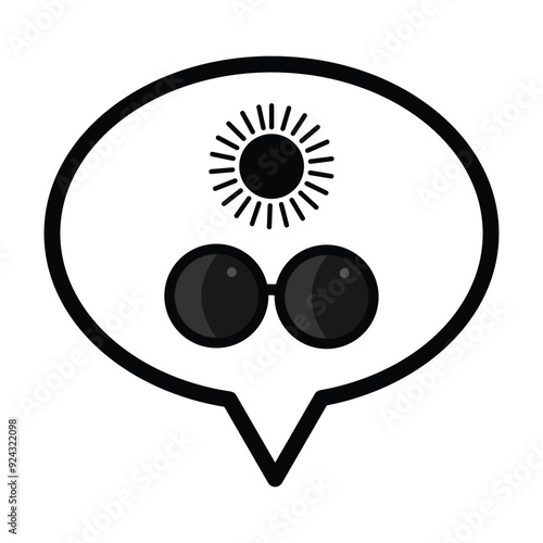 Speech bubbles, sun glasses and sun icon in grey scale isolated on white background.