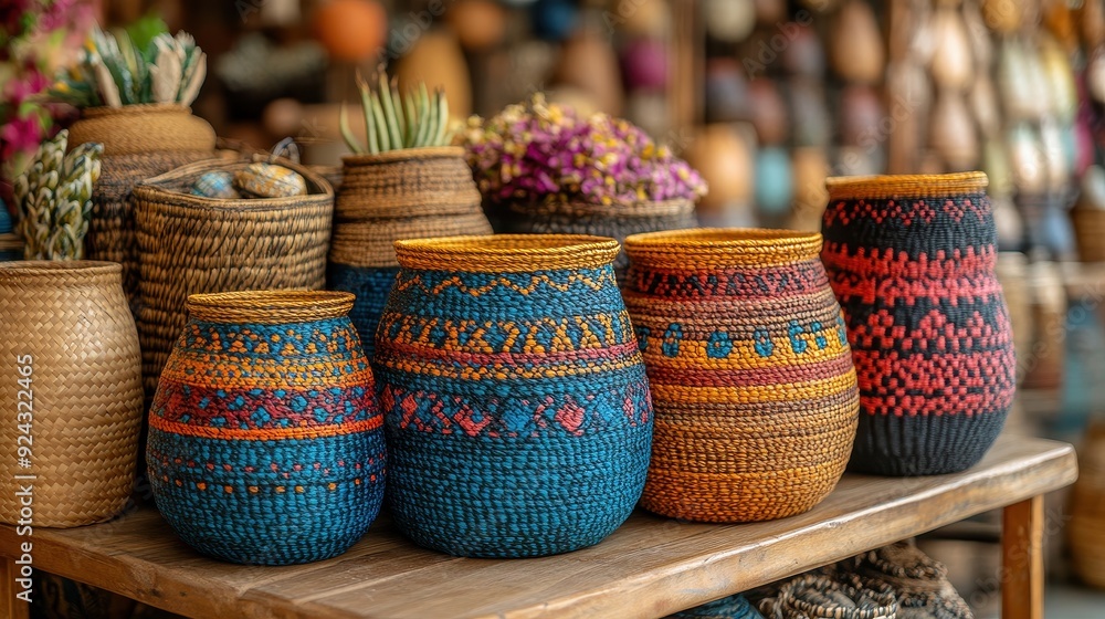 Colorful Woven Baskets on Wooden Shelf Colorful Woven Baskets on Wooden Shelf