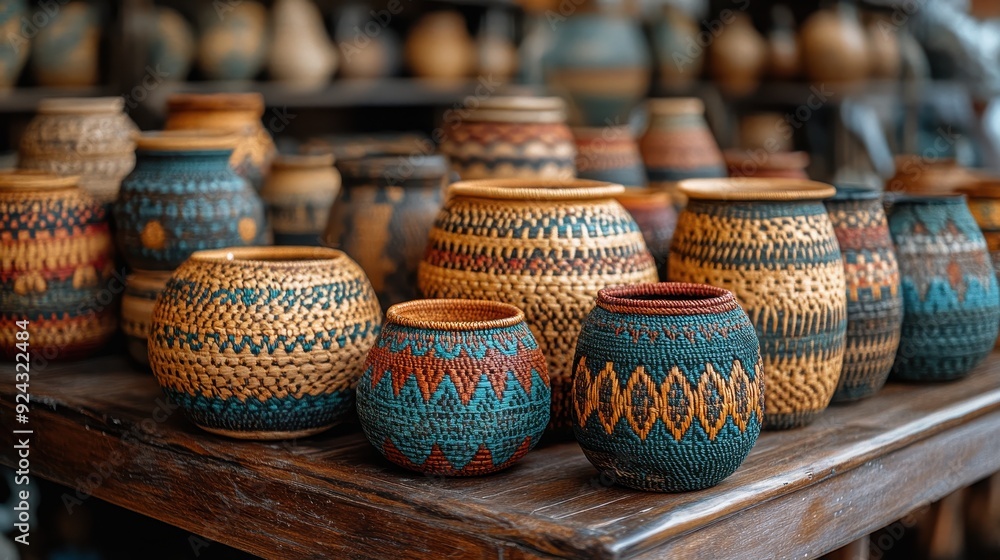Collection of Colorful Woven Baskets on Wooden Table Collection of Colorful Woven Baskets on Wooden Table