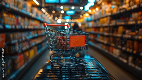 Shopping cart in a supermarket aisle photo