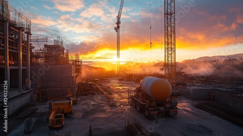 A dynamic scene showcasing a concrete machine, such as a concrete mixer or batch plant, actively at work against the backdrop of an under-construction building photo