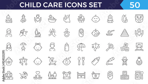 Child care line web icons. international children day, kid rights, parenthood. Outline icon collection. Editable stroke. Vector illustration