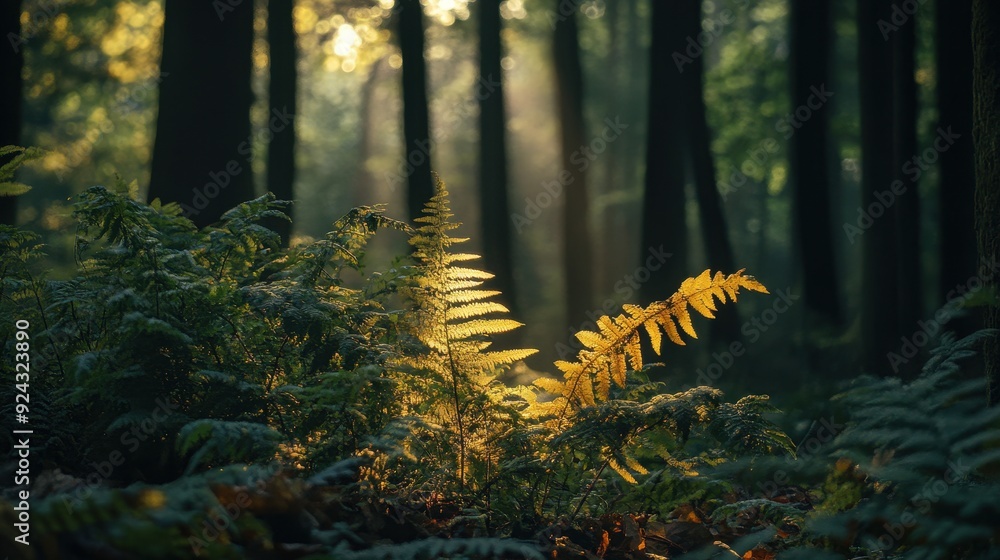 Fototapeta premium ferns and underbrush in a dimly lit woodland 