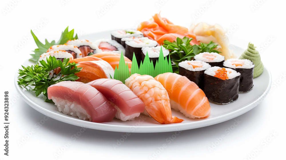 Sushi pieces arranged on a platter, featuring nigiri and maki with fresh tuna, salmon, and other seafood, garnished with greens. Sushi pieces arranged on a platter, featuring nigiri and maki with fresh tuna, salmon, and other seafood, garnished with greens.