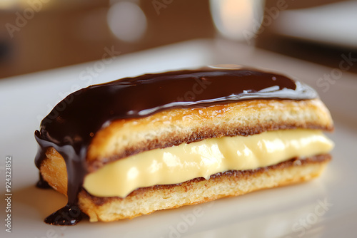 Decadent chocolate eclair sliced open to reveal rich, creamy filling on an elegant plate. Mouth-watering and indulgent.