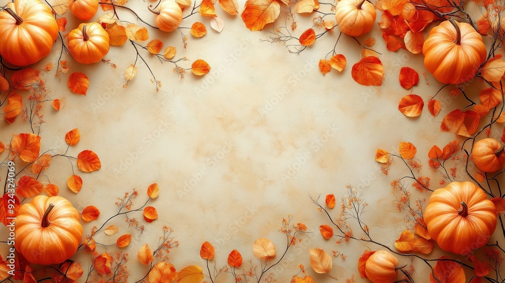 Obraz premium Pumpkins and Autumn Leaves on Beige Background, Top View