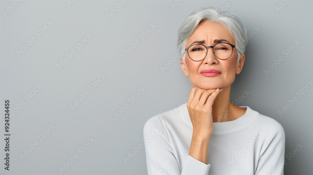 An older Asian woman with glasses, holding her chin with one hand, have a toothache, showing a concerned expression. She stands against a light gray background. An older Asian woman with glasses, holding her chin with one hand, have a toothache, showing a concerned expression. She stands against a light gray background.