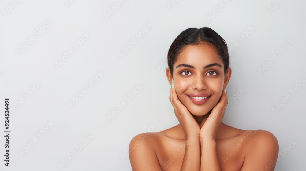 A young Indian woman with smooth, dark skin and tied-back hair smiles gently, her hands framing her face. Her natural beauty is accentuated by a simple, bright background. A young Indian woman with smooth, dark skin and tied-back hair smiles gently, her hands framing her face. Her natural beauty is accentuated by a simple, bright background.