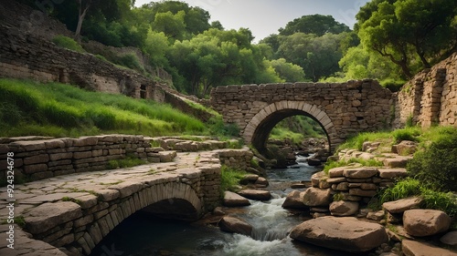 River Design. Ancient river path with winding river through ancient ruins, old stone bridges, and lush greenery. Timeless Style photo