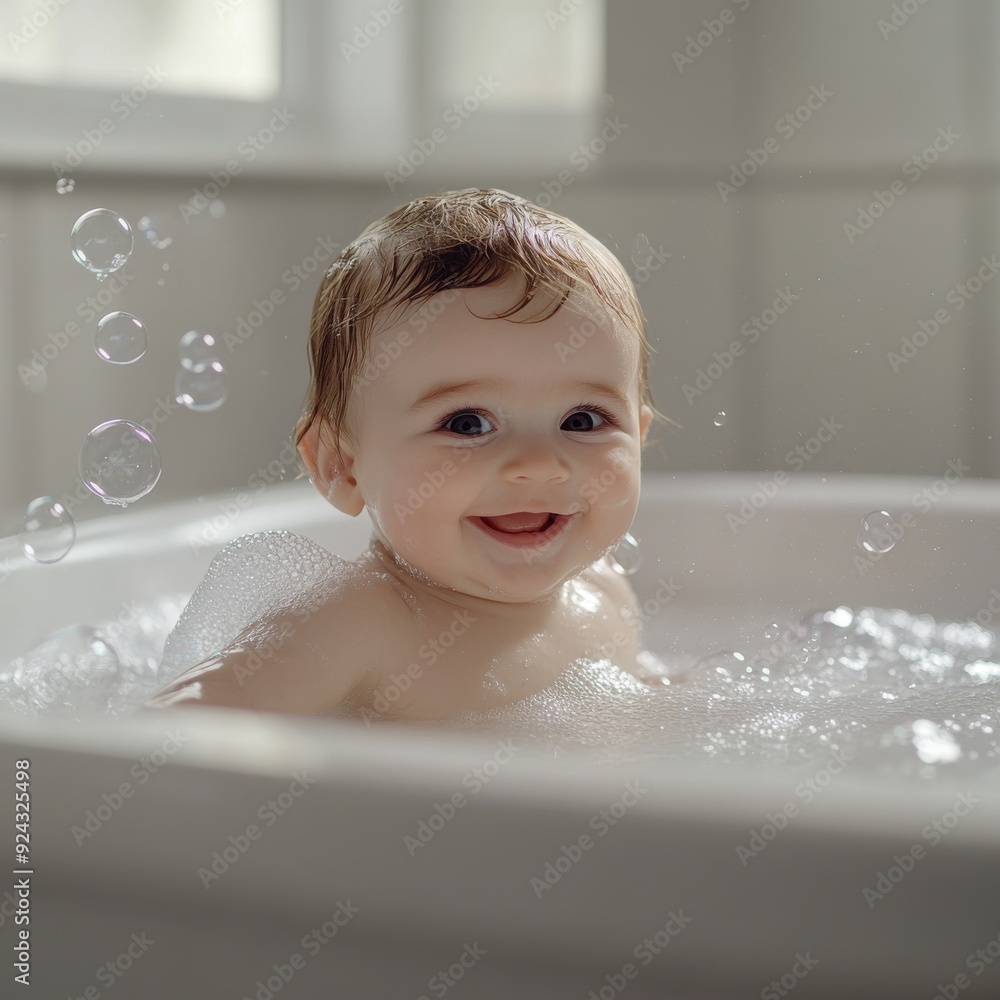 Smiling baby in a white tub has fun with a bubble during cheerful bath time. Smiling baby in a white tub has fun with a bubble during cheerful bath time.
