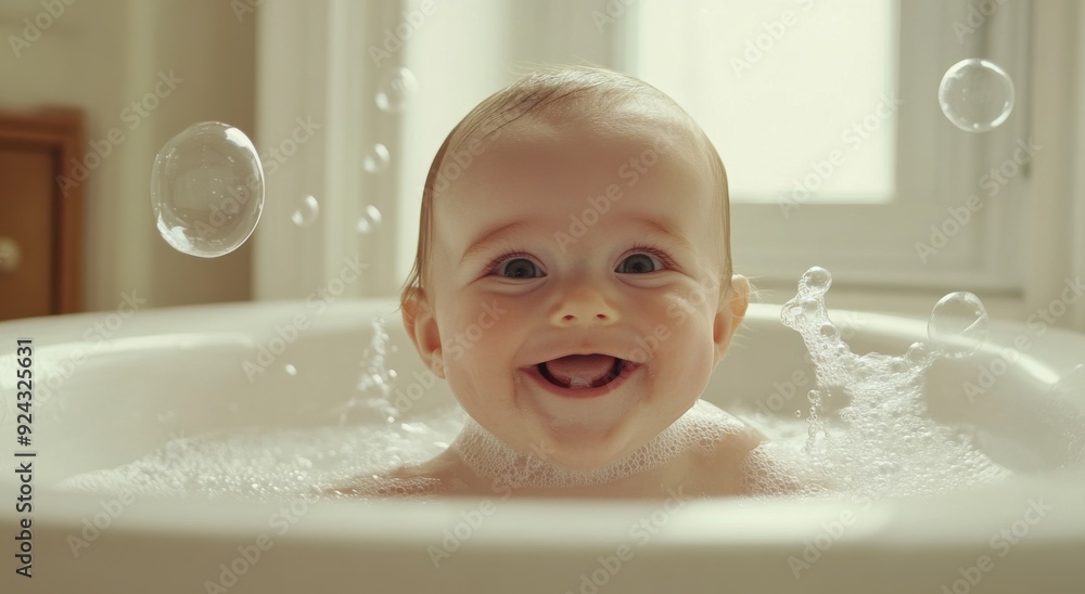 Smiling baby in a white tub has fun with a bubble during cheerful bath time. Smiling baby in a white tub has fun with a bubble during cheerful bath time.