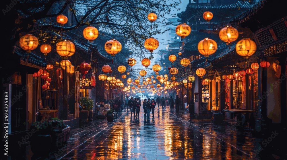 A bustling street adorned with glowing lanterns during the Mid-Autumn Festival A bustling street adorned with glowing lanterns during the Mid-Autumn Festival