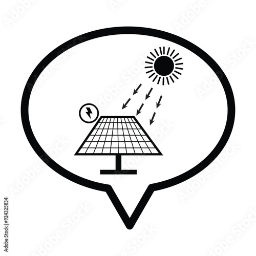 Speech bubble, solar panel, sun and lightning bolt icon in grey scale isolated on white background.