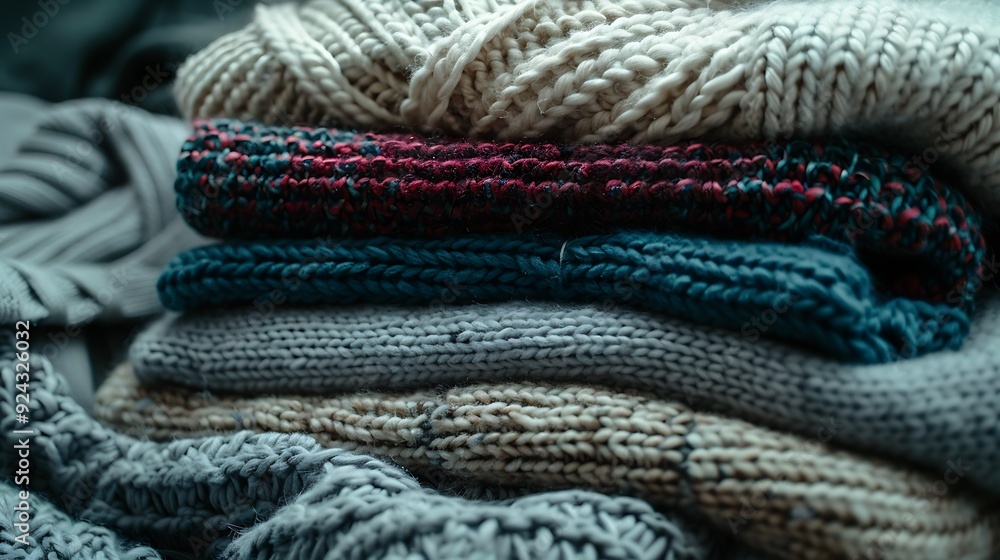 A pile of knitted wool clothing and sweaters rests over a grey blanket A pile of knitted wool clothing and sweaters rests over a grey blanket