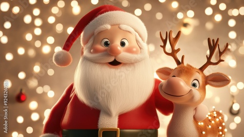 Santa Claus and a reindeer posing together in a cheerful Christmas scene, surrounded by festive lights and holiday decorations.