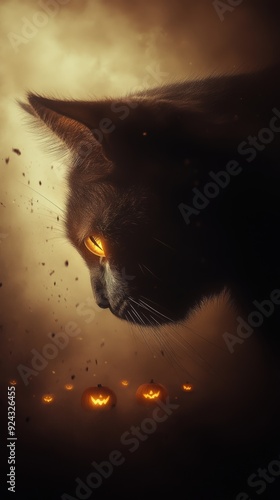 Black Cat Head on a Jack-o'-Lantern Background photo