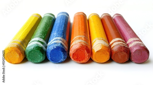 Row of School Crayons on a White Background, Featuring a Spectrum of Colors