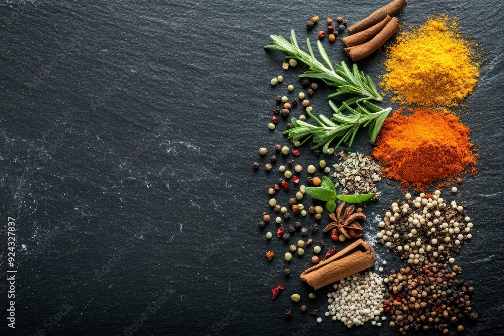 Different kind of spices on a black stone background with generative ai Different kind of spices on a black stone background with generative ai