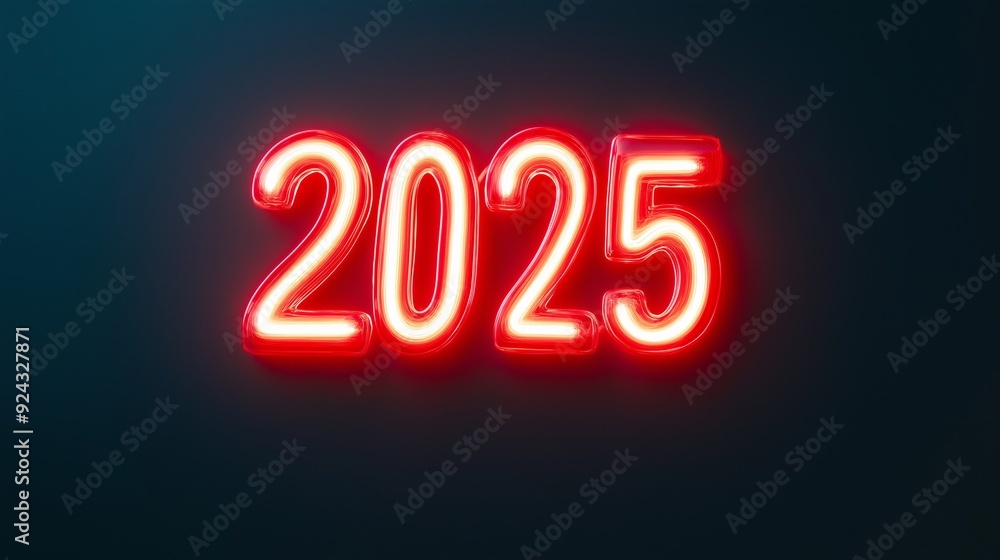 Bright neon numbers display the year 2025 against a dark background. Bright neon numbers display the year 2025 against a dark background.