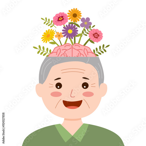 Elderly man with positive emotion. Mental health awareness concept. Senior Man with flowers on his head.