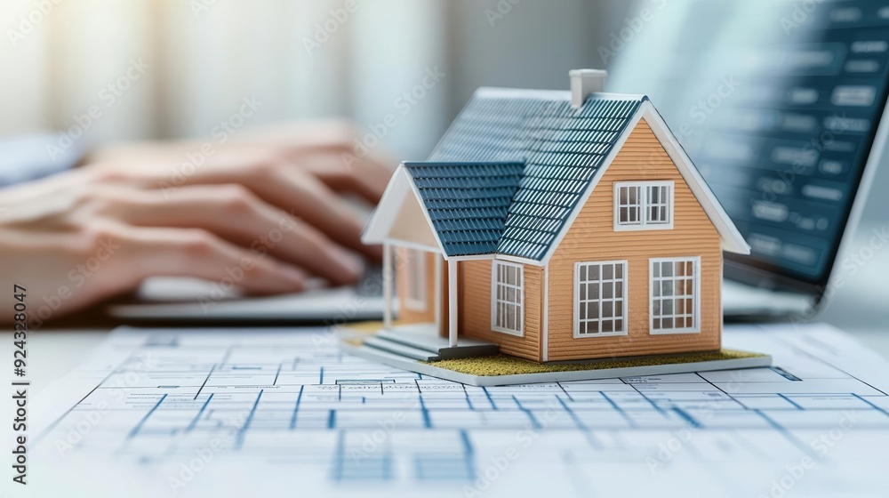Close-up of a miniature house model on a digital grid Close-up of a miniature house model on a digital grid