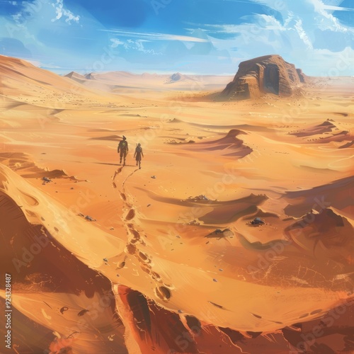 Two figures walk on a trail through a vast desert landscape. photo