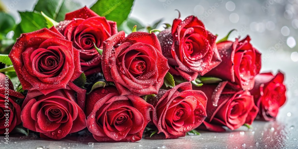Red roses with leaves and stems covered in dew, red, roses, leaves, stems, dew, water droplets, nature, garden, romantic Red roses with leaves and stems covered in dew, red, roses, leaves, stems, dew, water droplets, nature, garden, romantic
