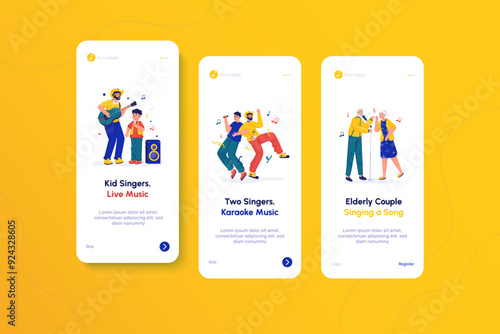 Onboarding screen with illustration of kid singers, elderly couple sing a song and duet karaoke