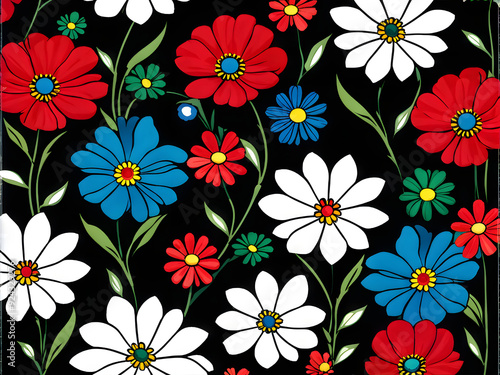 seamless pattern with flowers, argyle daisy poppy marigolds pattern overlay in bright jewel tones black white cartoon drawing 