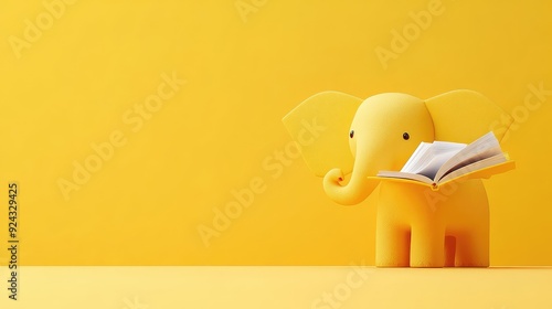 Yellow Elephant Reading Book on Yellow Background - Whimsical Minimalist Education Concept photo