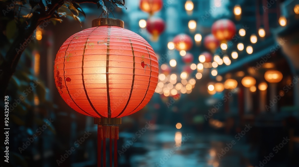 A delicate red lantern with festive lights in the background at the Mid-Autumn Festival A delicate red lantern with festive lights in the background at the Mid-Autumn Festival