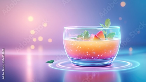 A vibrant cocktail in a glass, showcasing a refreshing blend of colors and garnished with mint leaves and fruit slices. photo