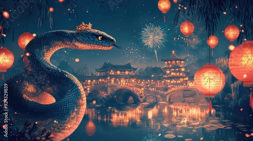 Enchanting Serpent in Lantern-Lit Traditional Chinese Village with Fireworks