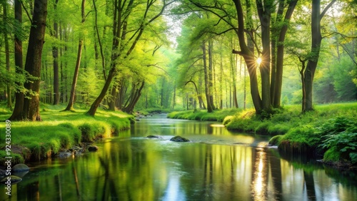 Serene forest landscape with lush green trees and a tranquil stream flowing through, nature, trees, forest, landscape