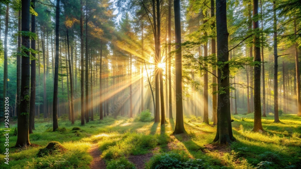 Obraz premium Morning light streaming through the trees in a peaceful forest setting, forest, morning, sunlight, trees, nature, peaceful