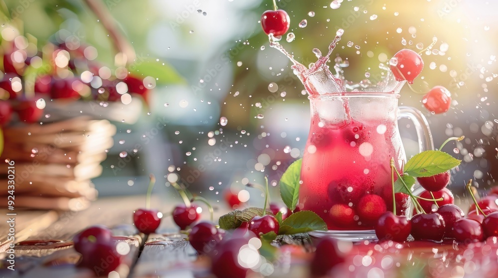 Pitcher of cherry juice on rustic table, fresh cherries, splash of juice, cozy, inviting atmosphere. Pitcher of cherry juice on rustic table, fresh cherries, splash of juice, cozy, inviting atmosphere.