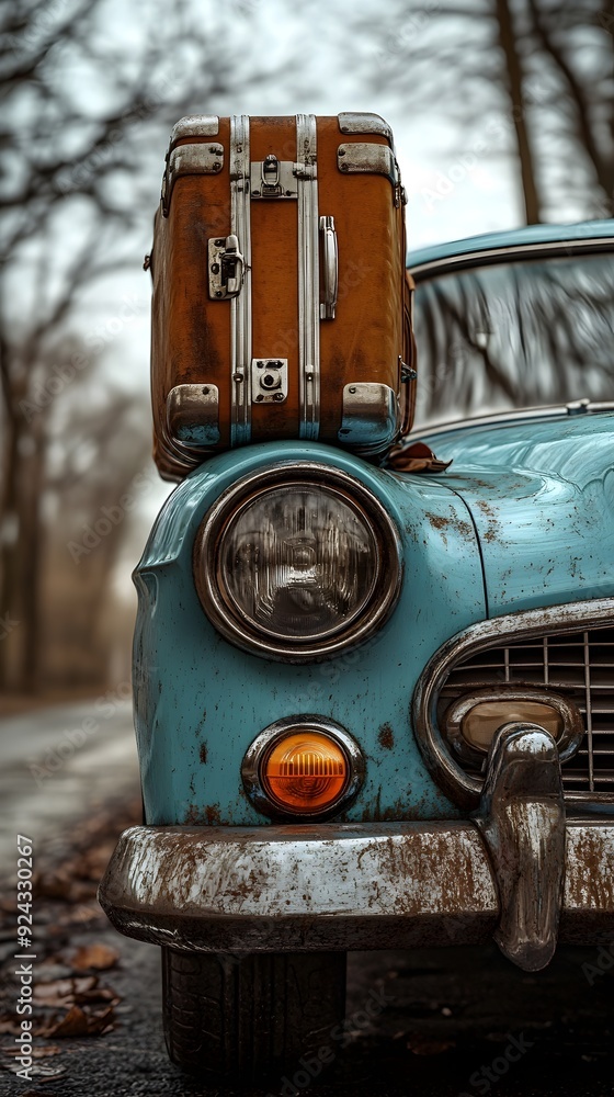 Fototapeta premium Vintage road trip nostalgia: A worn suitcase atop a classic blue car, journeying through a leaf-covered road in a foggy forest, capturing the essence of timeless travel.