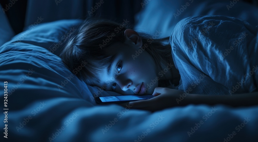 A young teenager concentrates on phone, illuminated by its blue screen while lying in bed at night. A young teenager concentrates on phone, illuminated by its blue screen while lying in bed at night.